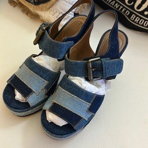 See by Chloe Denim Patchwork Block Heel Platform Sandal Navy Light Blue